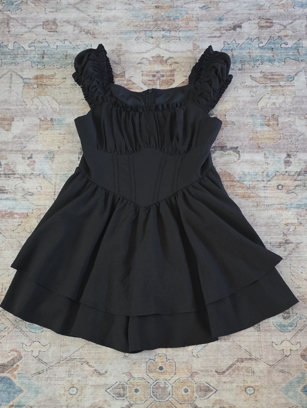 SHEIN Black Ruffled Strap Tiered Mini Dress
